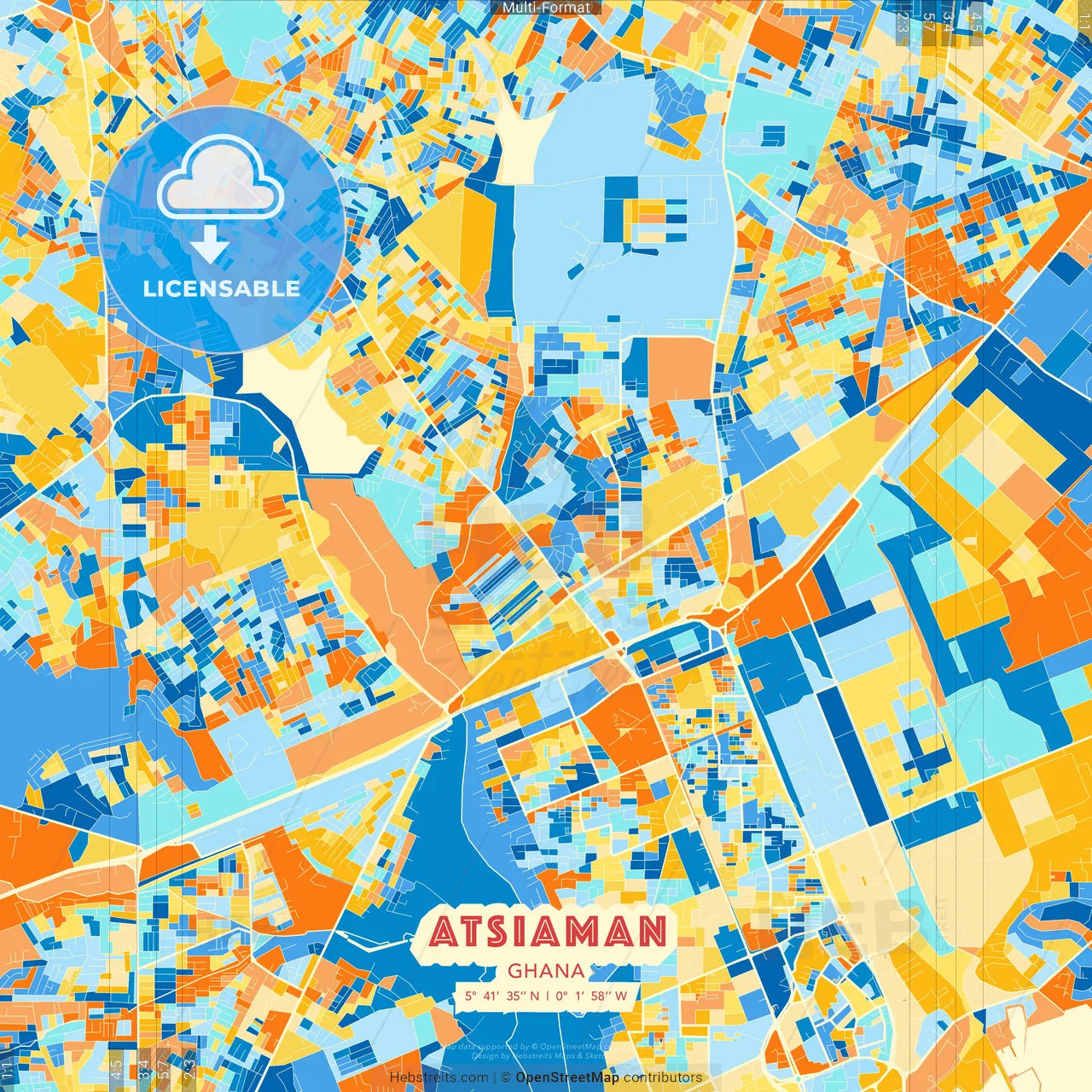 Atsiaman, Ghana blue and orange vector art map template