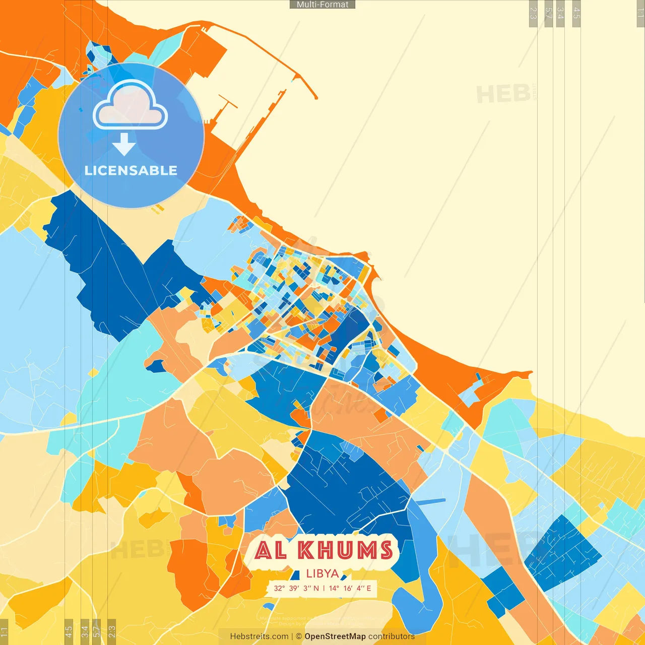 Al Khums, Libya blue and orange vector art map template
