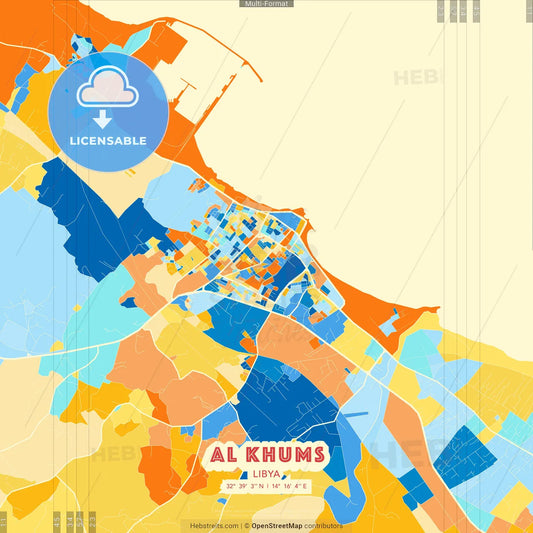 Al Khums, Libya blue and orange vector art map template