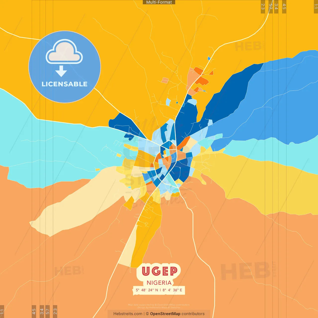 Ugep, Nigeria blue and orange vector art map template