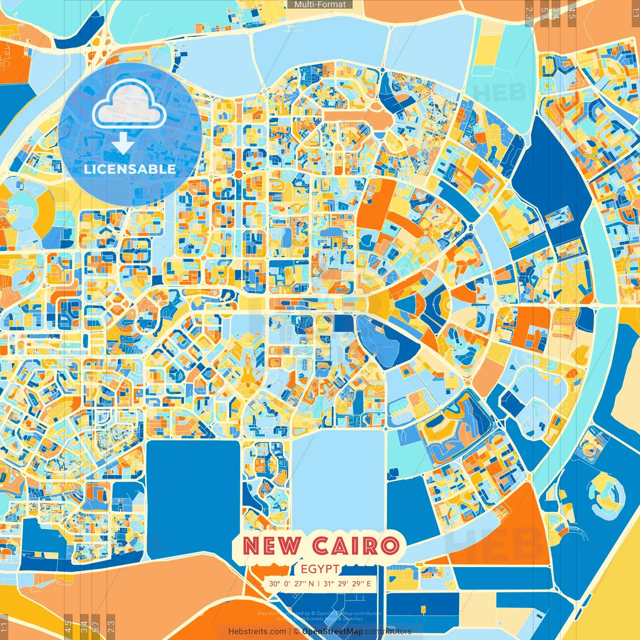 New Cairo, Egypt blue and orange vector art map template