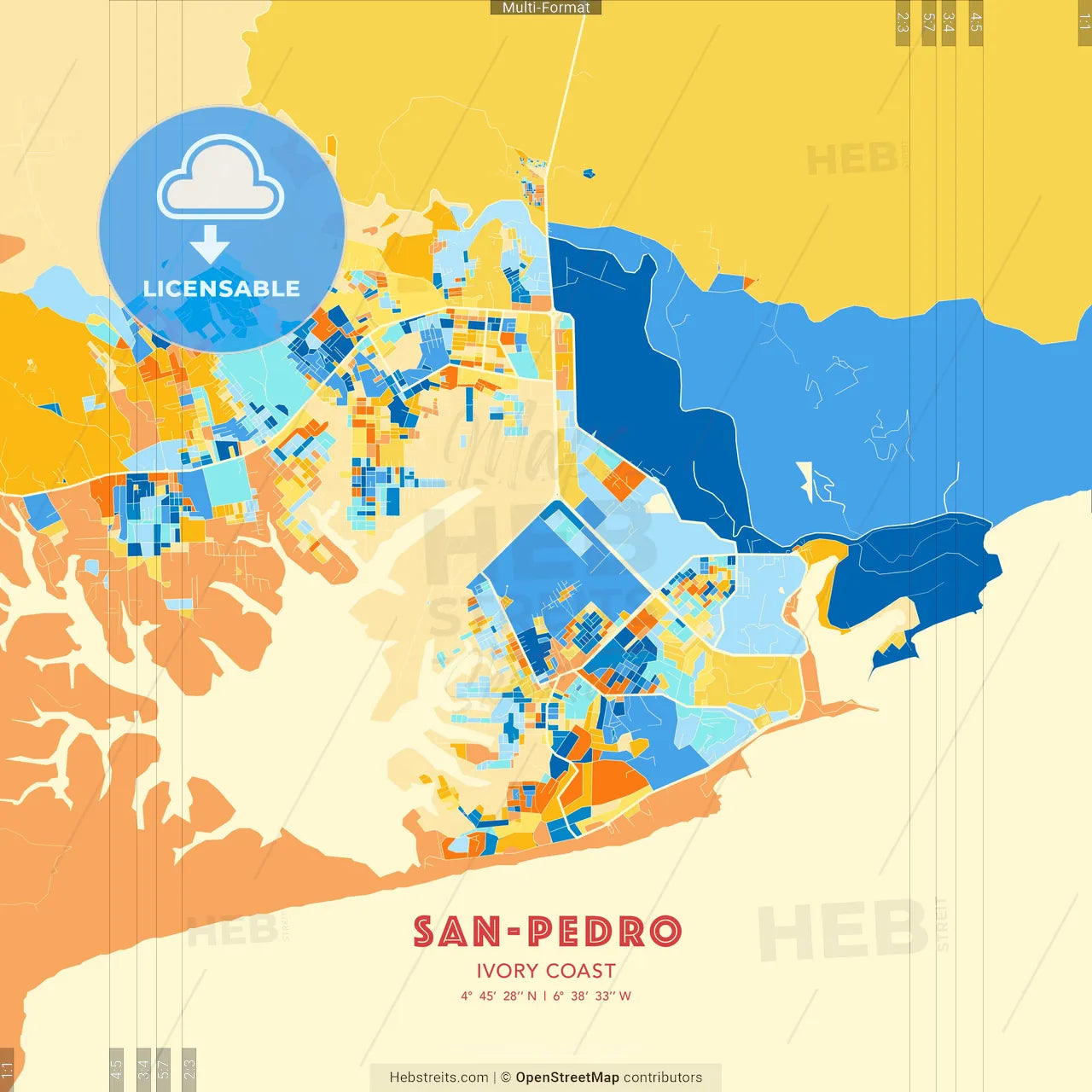 San-Pedro, Ivory Coast blue and orange vector art map template