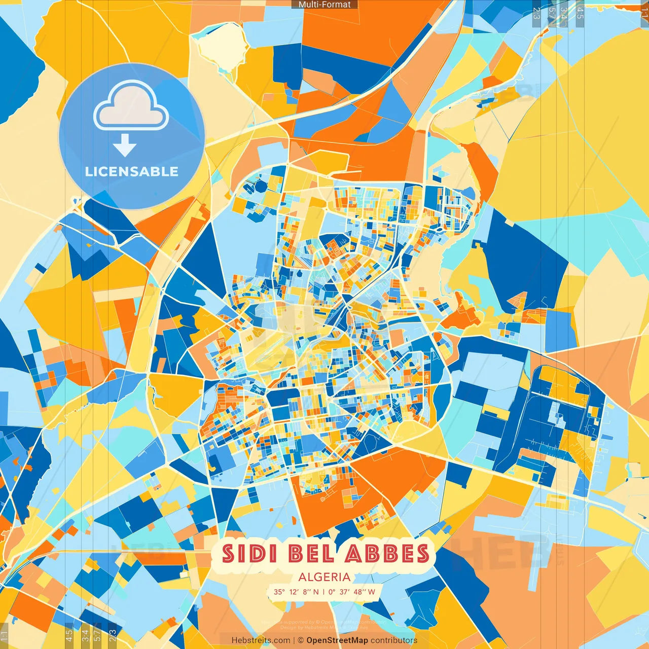 Sidi Bel Abbes, Algeria blue and orange vector art map template