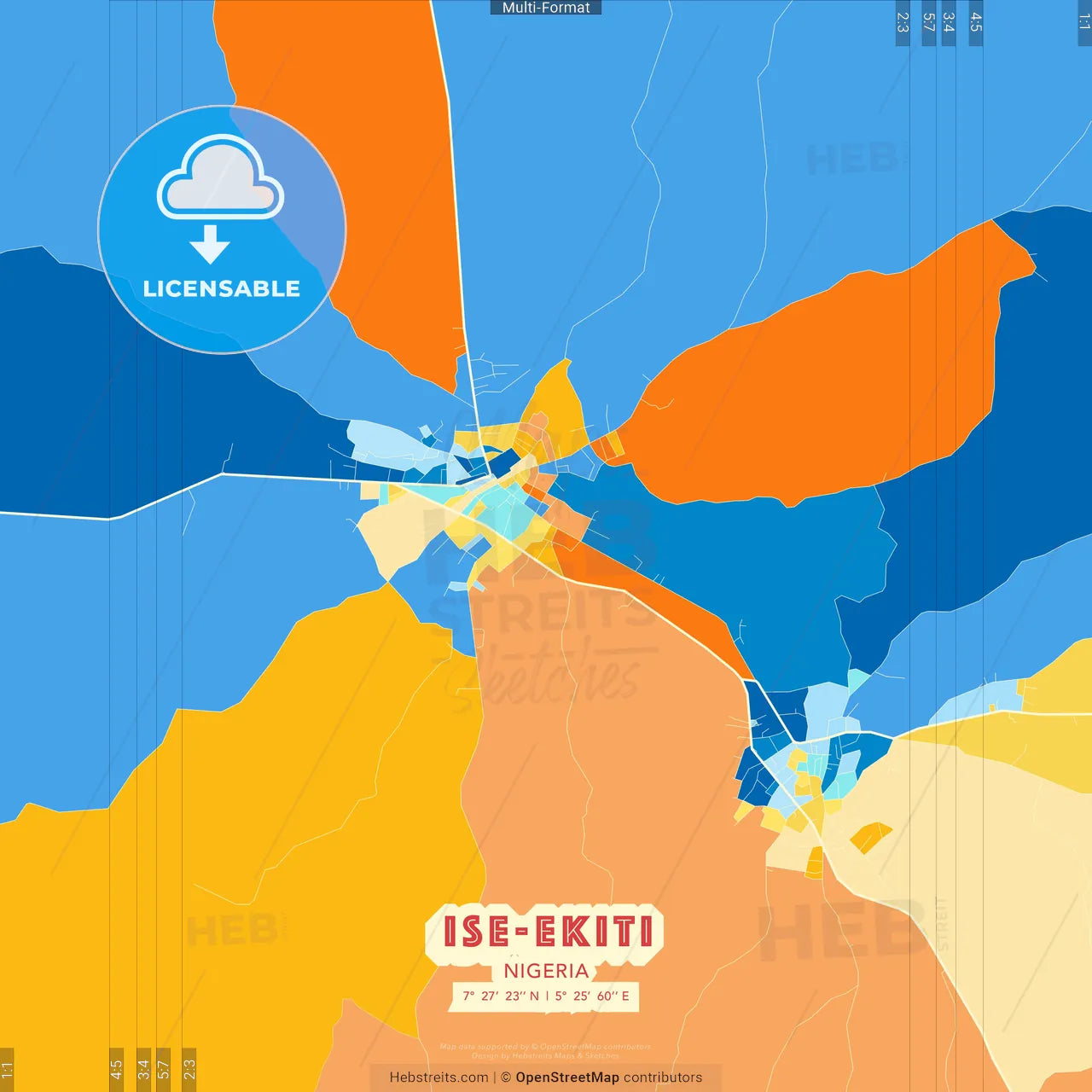 Ise-Ekiti, Nigeria blue and orange vector art map template