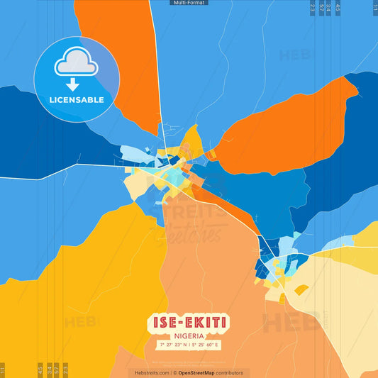 Ise-Ekiti, Nigeria blue and orange vector art map template