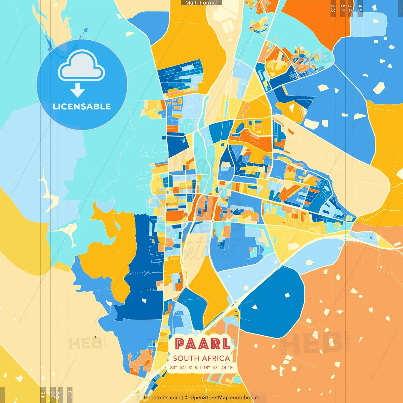 Paarl, South Africa blue and orange vector art map template