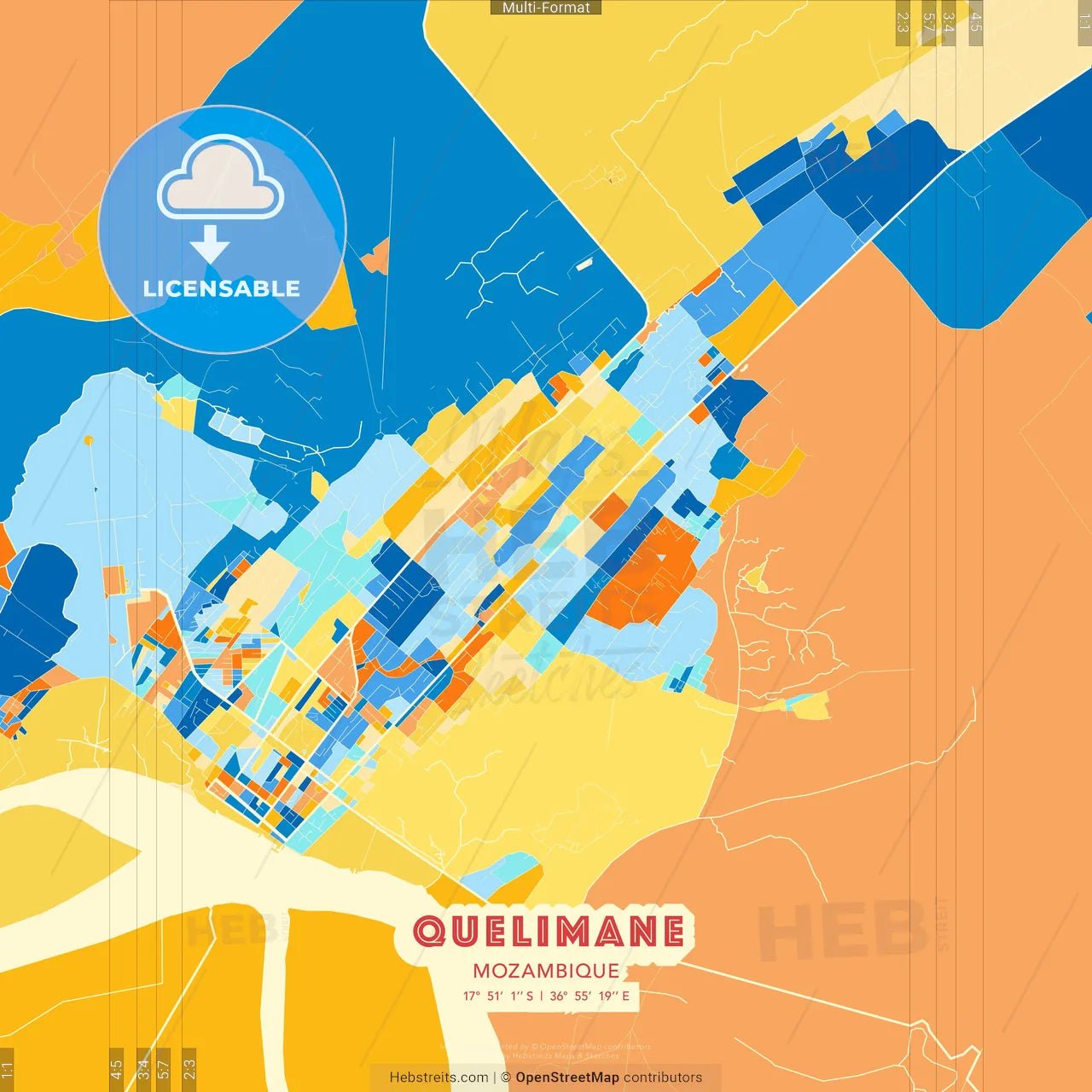 Quelimane, Mozambique blue and orange vector art map template