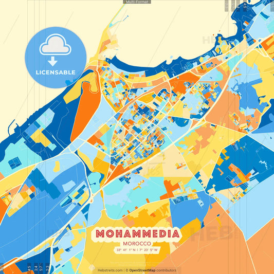 Mohammedia, Morocco blue and orange vector art map template