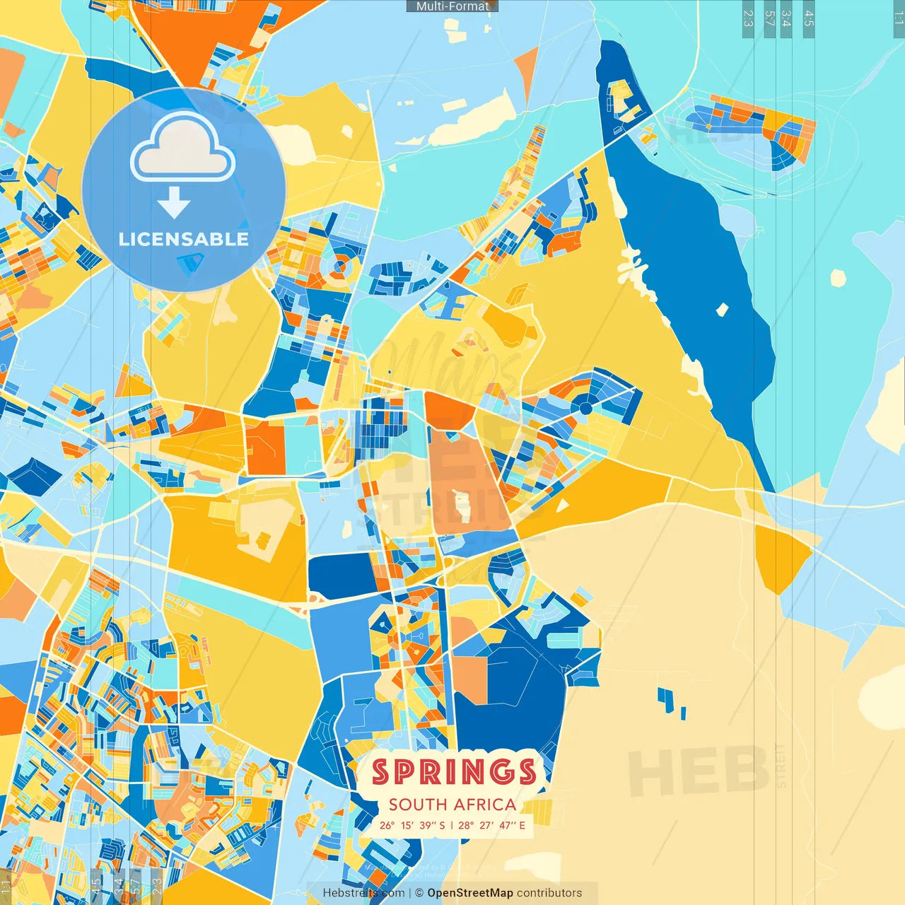 Springs, South Africa blue and orange vector art map template