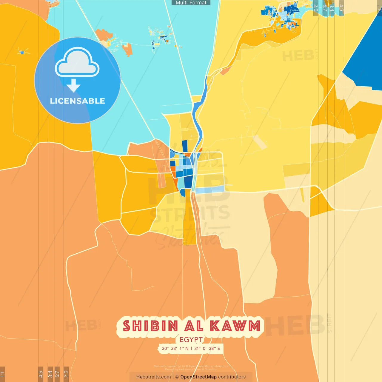 Shibin al Kawm, Egypt blue and orange vector art map template