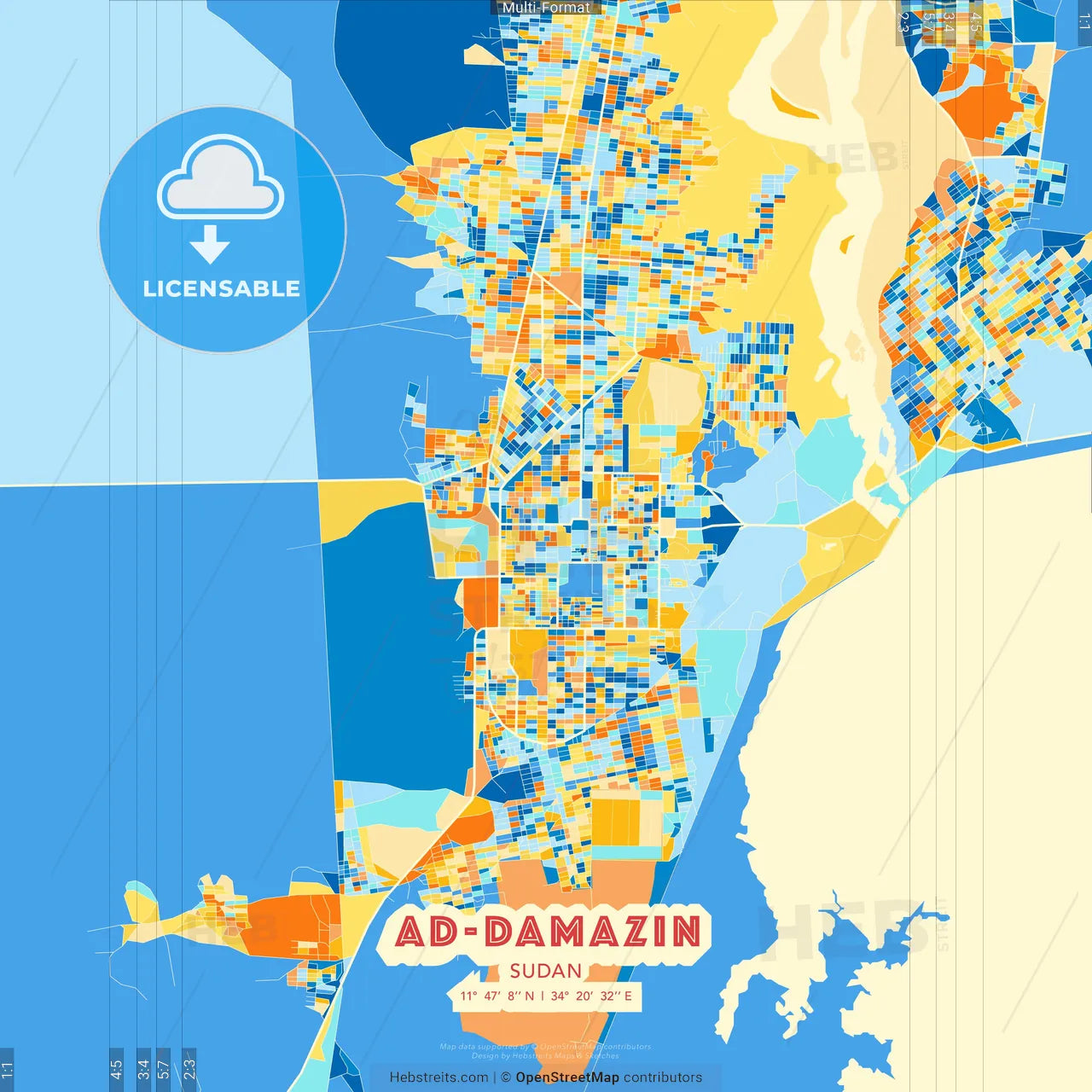 Ad-Damazin, Sudan blue and orange vector art map template