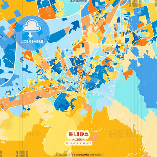 Blida, Algeria blue and orange vector art map template