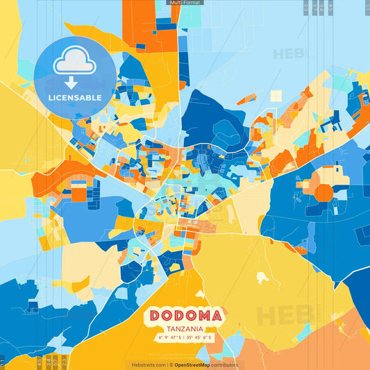 Dodoma, Tanzania blue and orange vector art map template