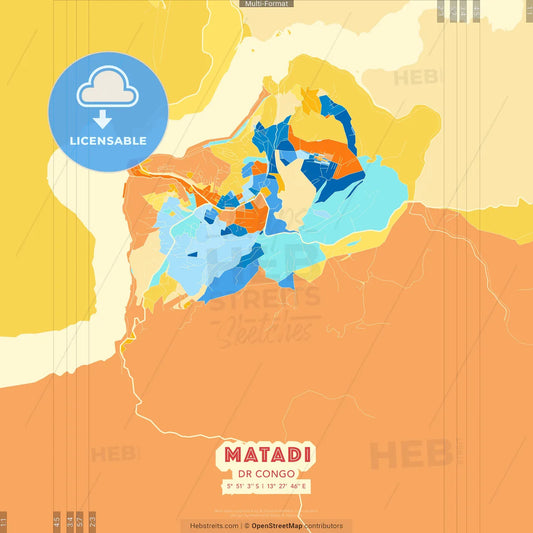 Matadi, DR Congo blue and orange vector art map template
