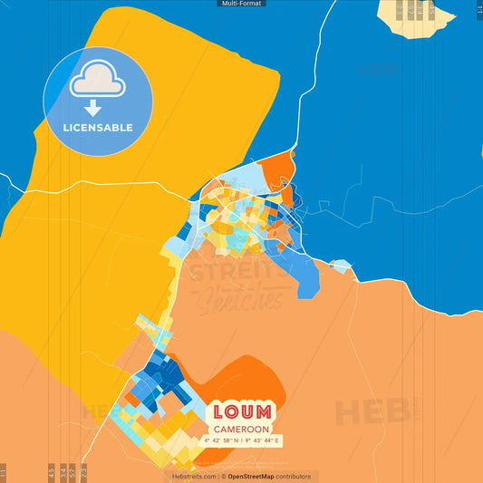 Loum, Cameroon blue and orange vector art map template