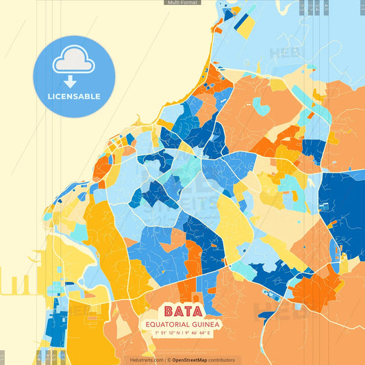 Bata, Equatorial Guinea blue and orange vector art map template
