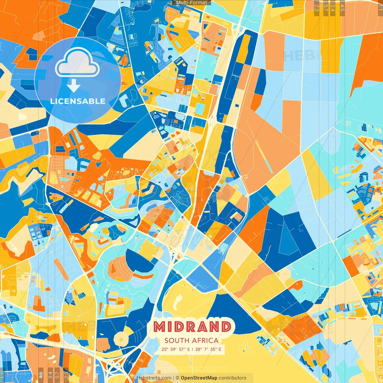 Midrand, South Africa blue and orange vector art map template