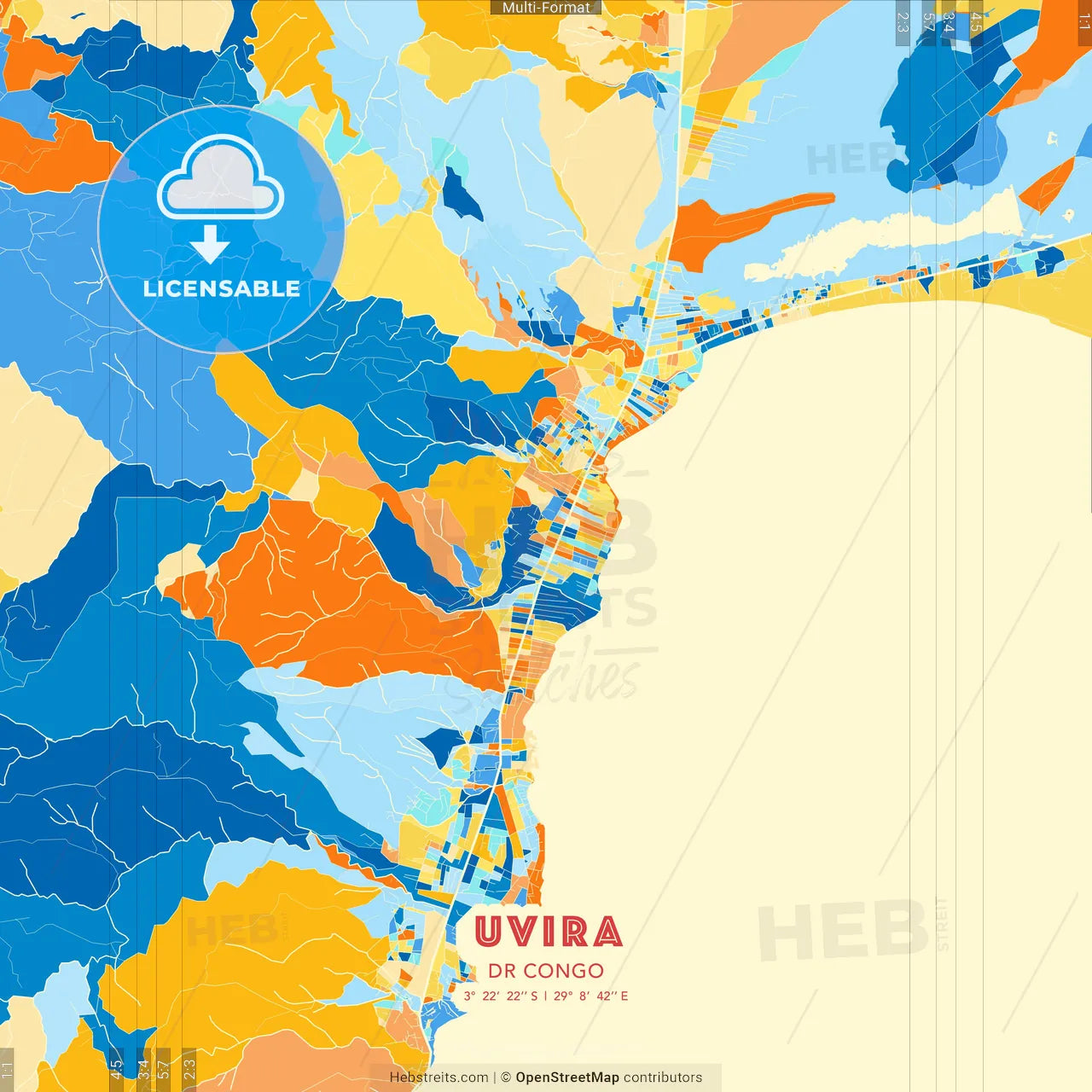 Uvira, DR Congo blue and orange vector art map template