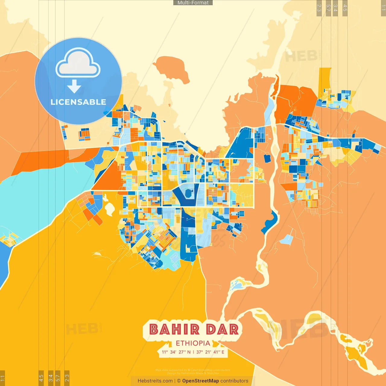 Bahir Dar, Ethiopia blue and orange vector art map template