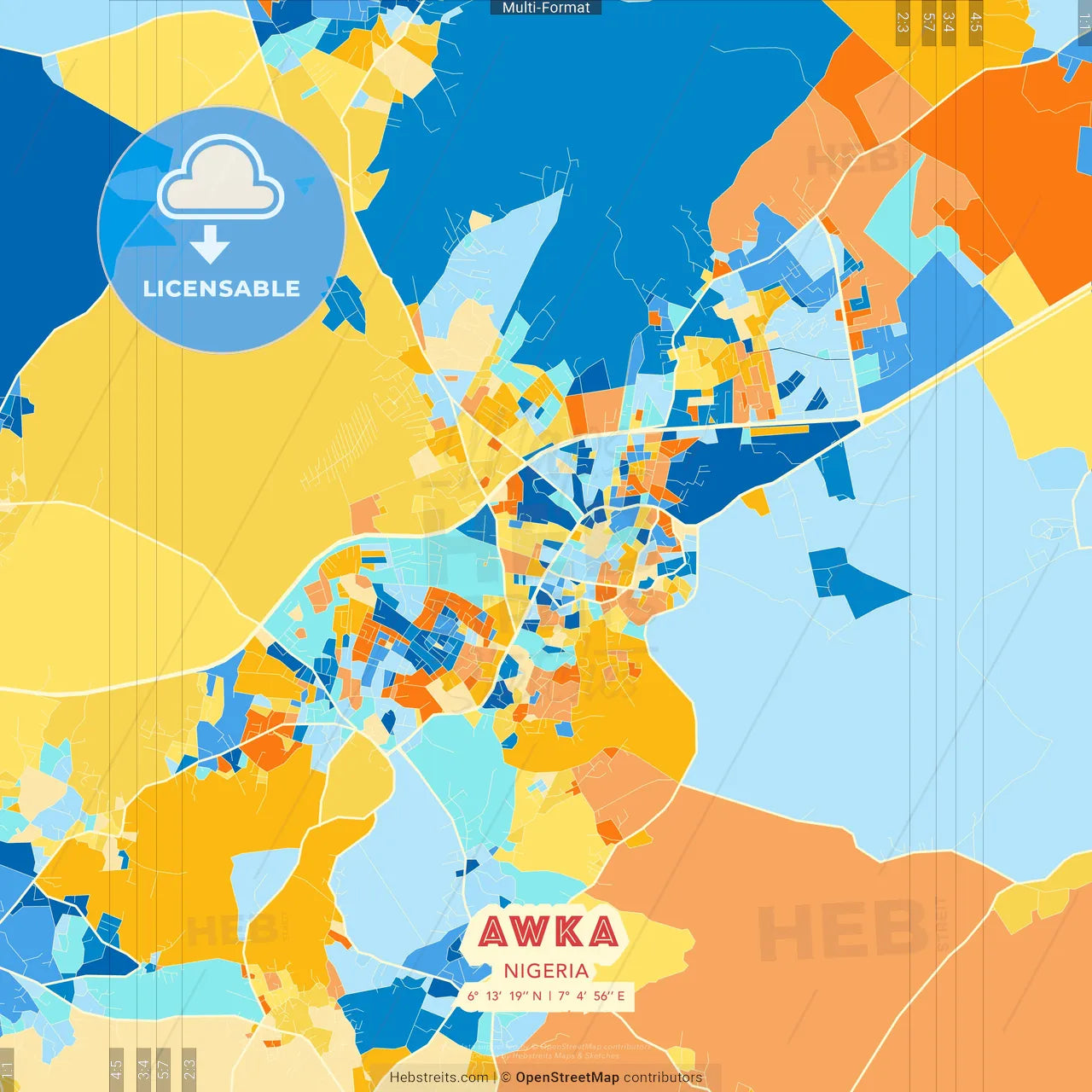 Awka, Nigeria blue and orange vector art map template