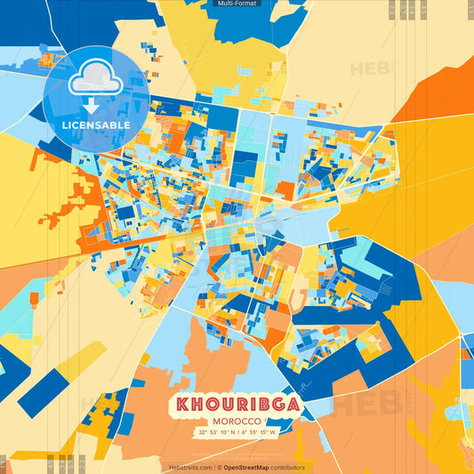 Khouribga, Morocco blue and orange vector art map template