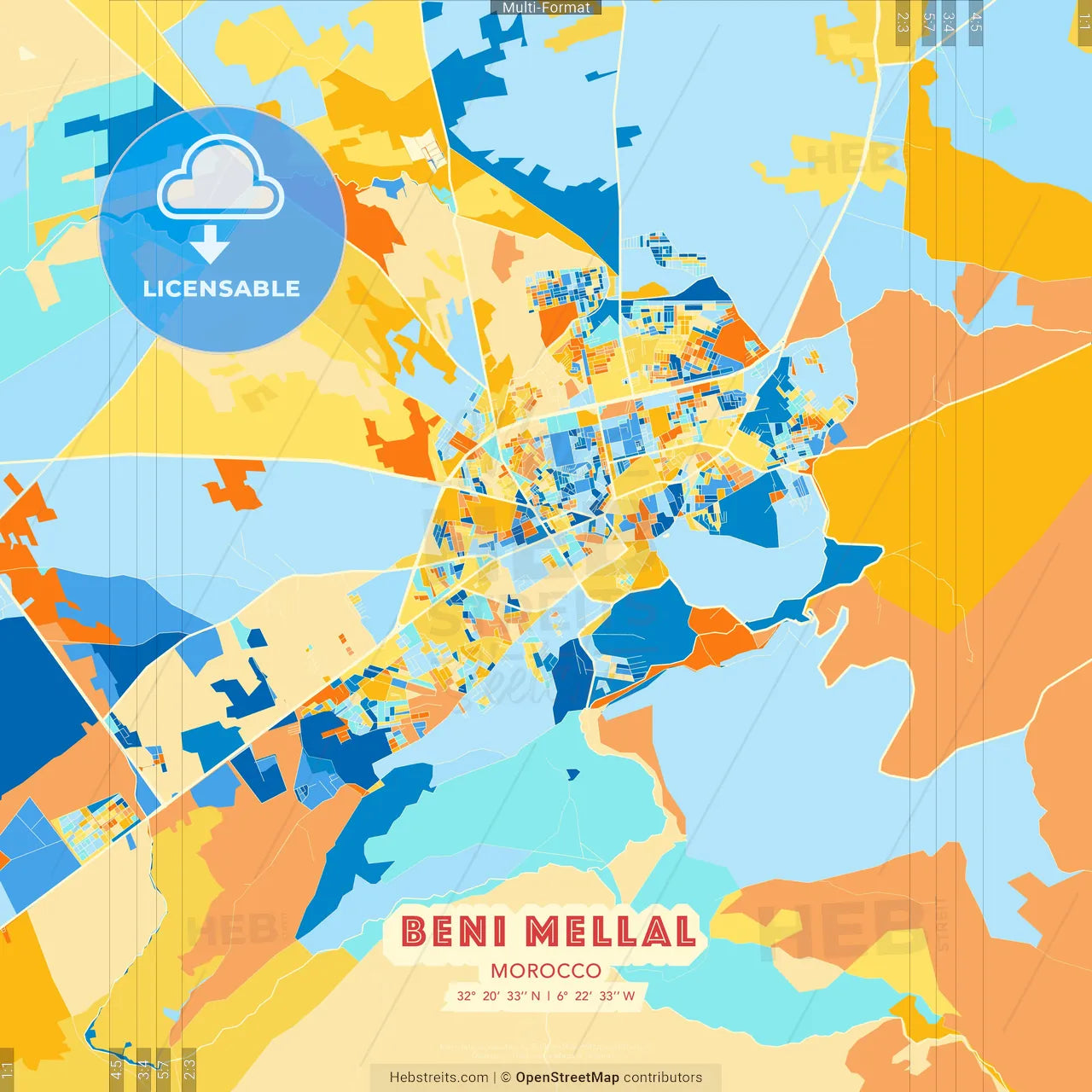 Beni Mellal, Morocco blue and orange vector art map template