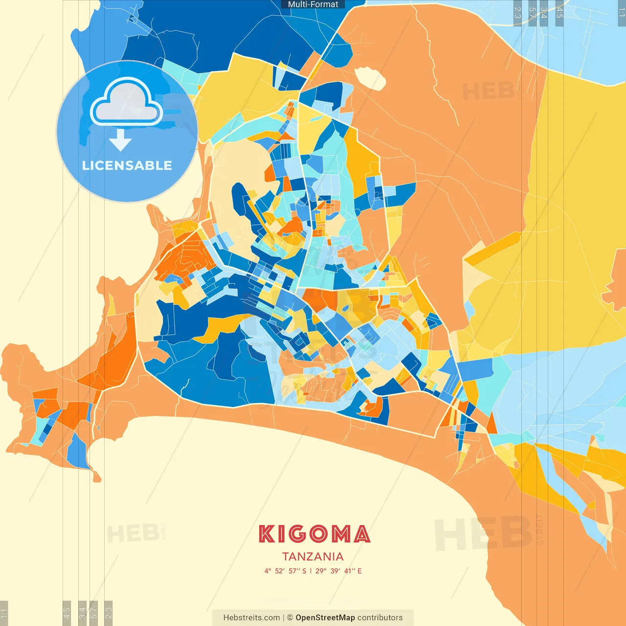 Kigoma, Tanzania blue and orange vector art map template