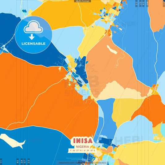 Inisa, Nigeria blue and orange vector art map template