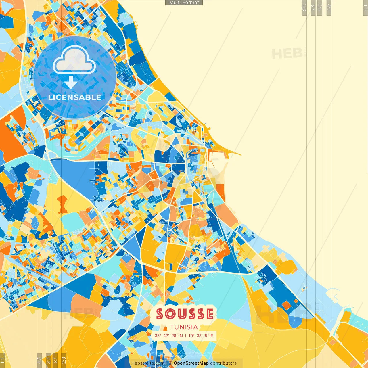 Sousse, Tunisia blue and orange vector art map template