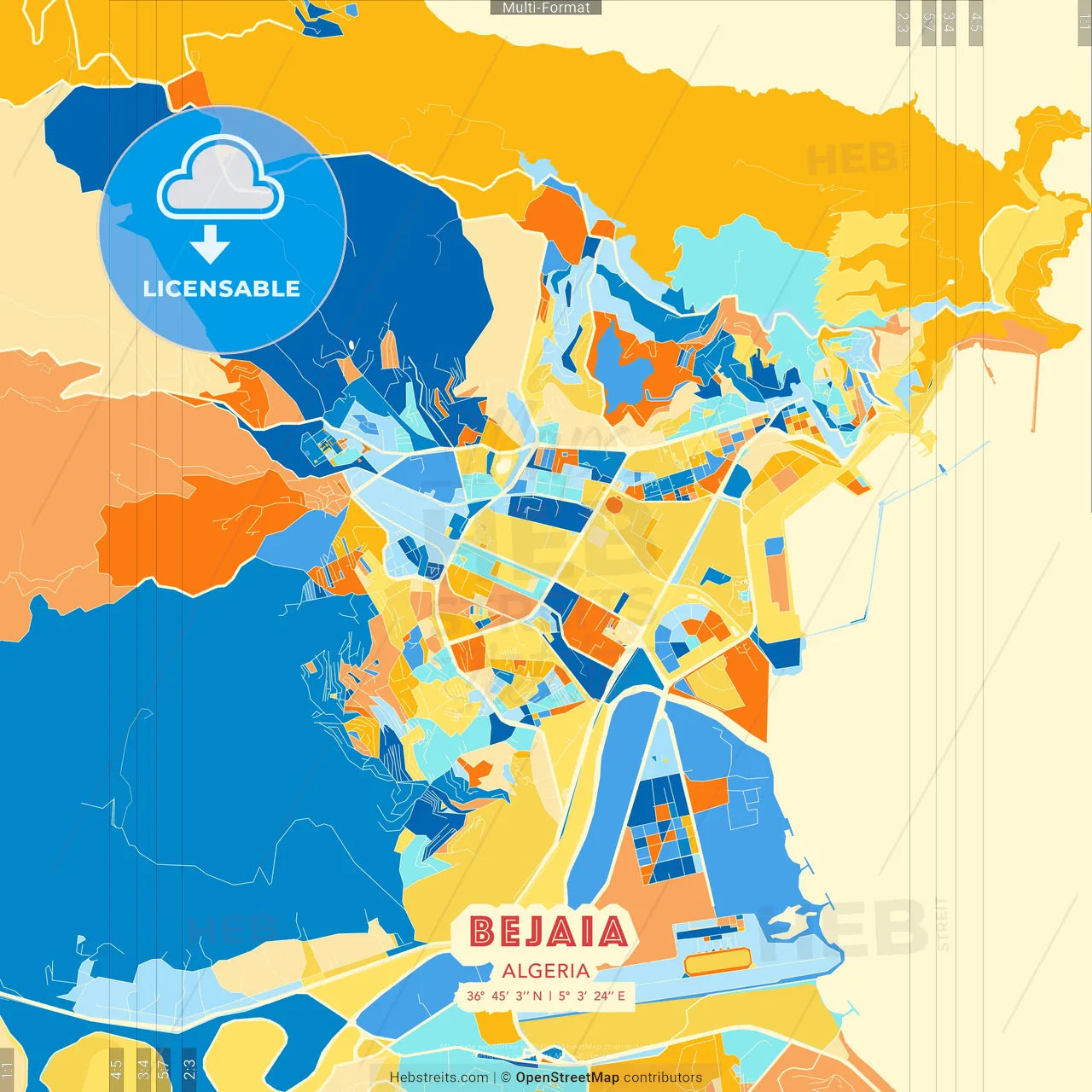 Bejaia, Algeria blue and orange vector art map template