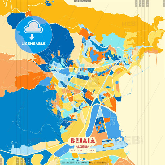 Bejaia, Algeria blue and orange vector art map template