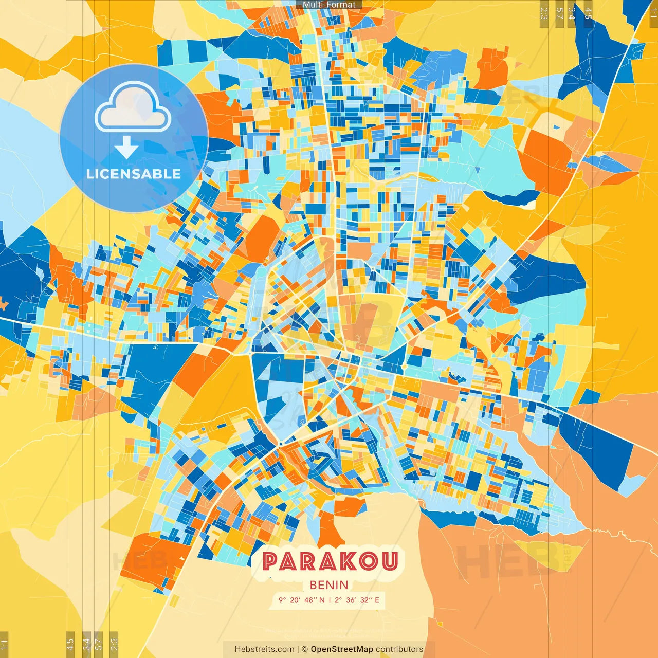 Parakou, Benin blue and orange vector art map template