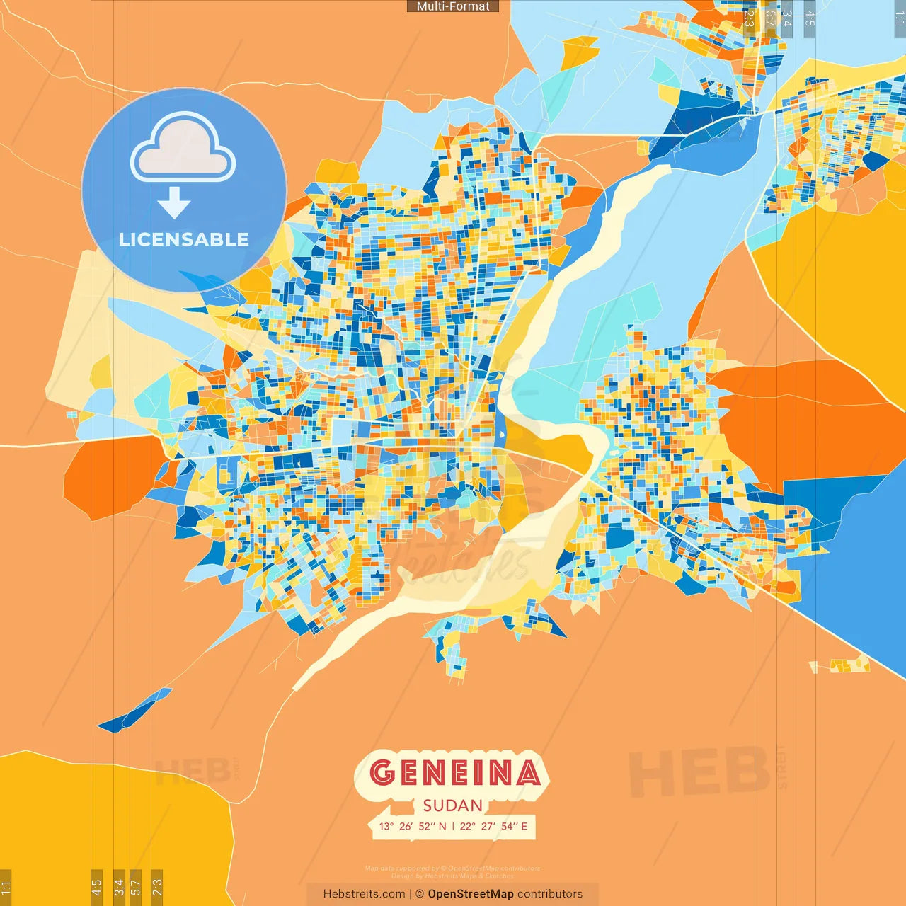 Geneina, Sudan blue and orange vector art map template