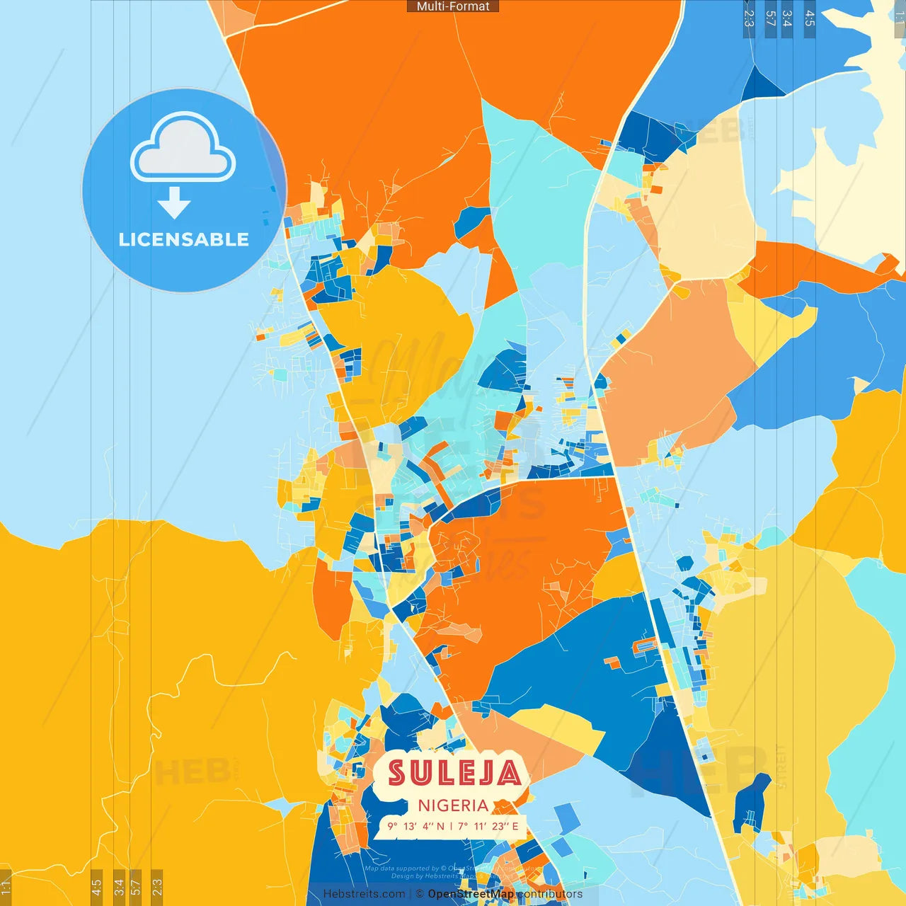 Suleja, Nigeria blue and orange vector art map template