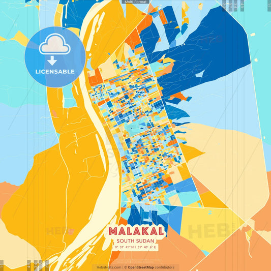 Malakal, South Sudan blue and orange vector art map template