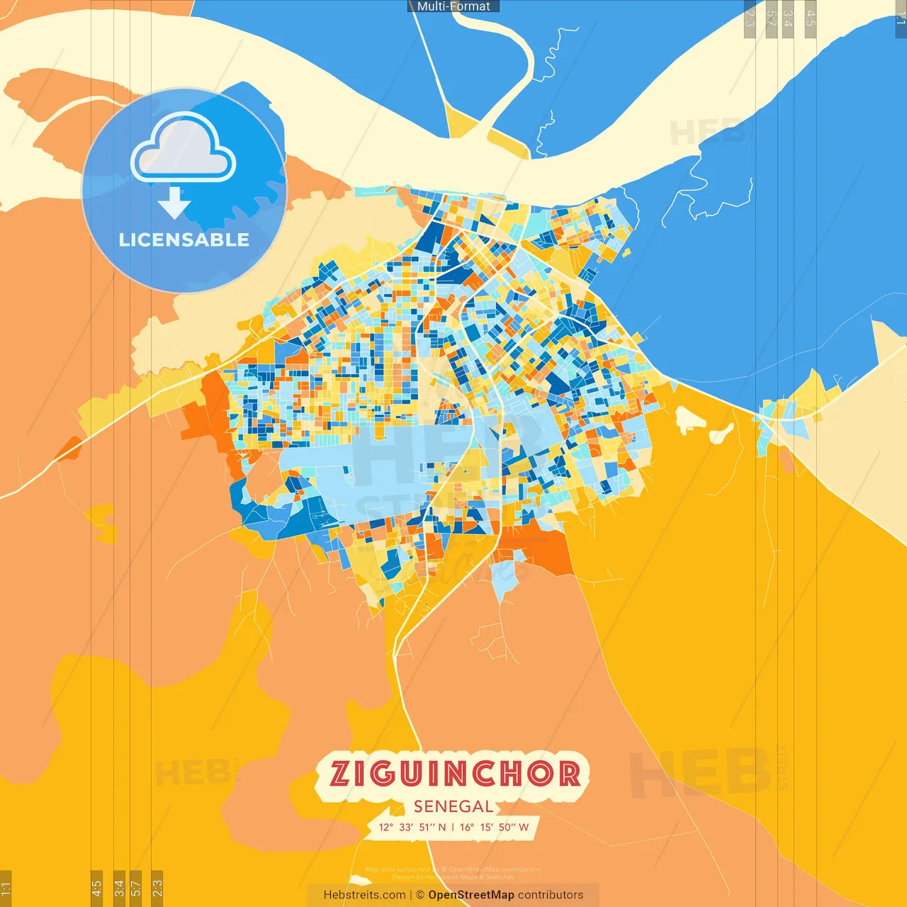 Ziguinchor, Senegal blue and orange vector art map template