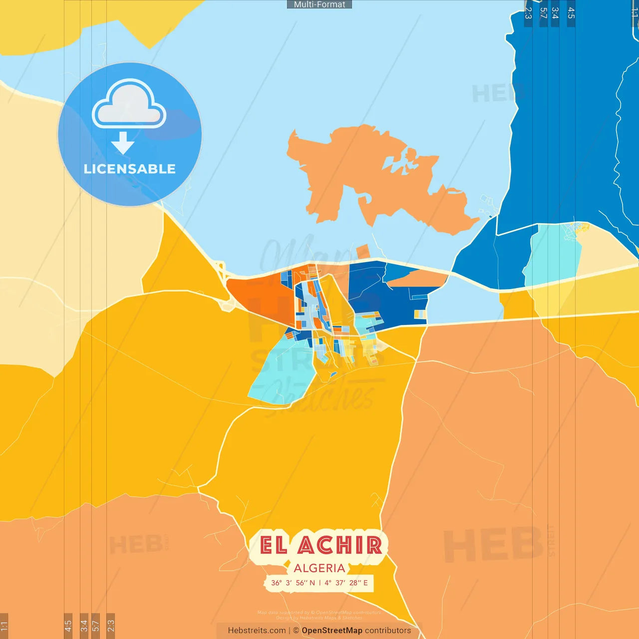 El Achir, Algeria blue and orange vector art map template