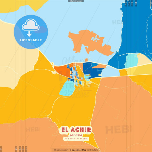 El Achir, Algeria blue and orange vector art map template