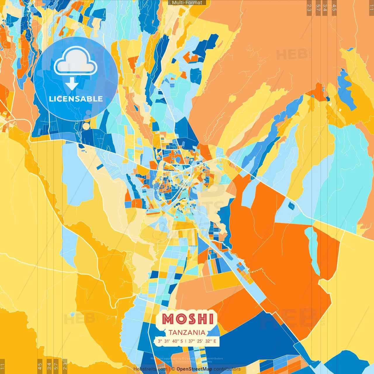 Moshi, Tanzania blue and orange vector art map template