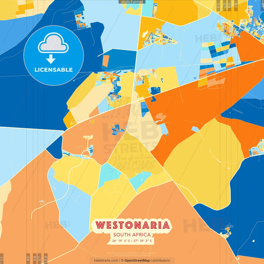 Westonaria, South Africa blue and orange vector art map template