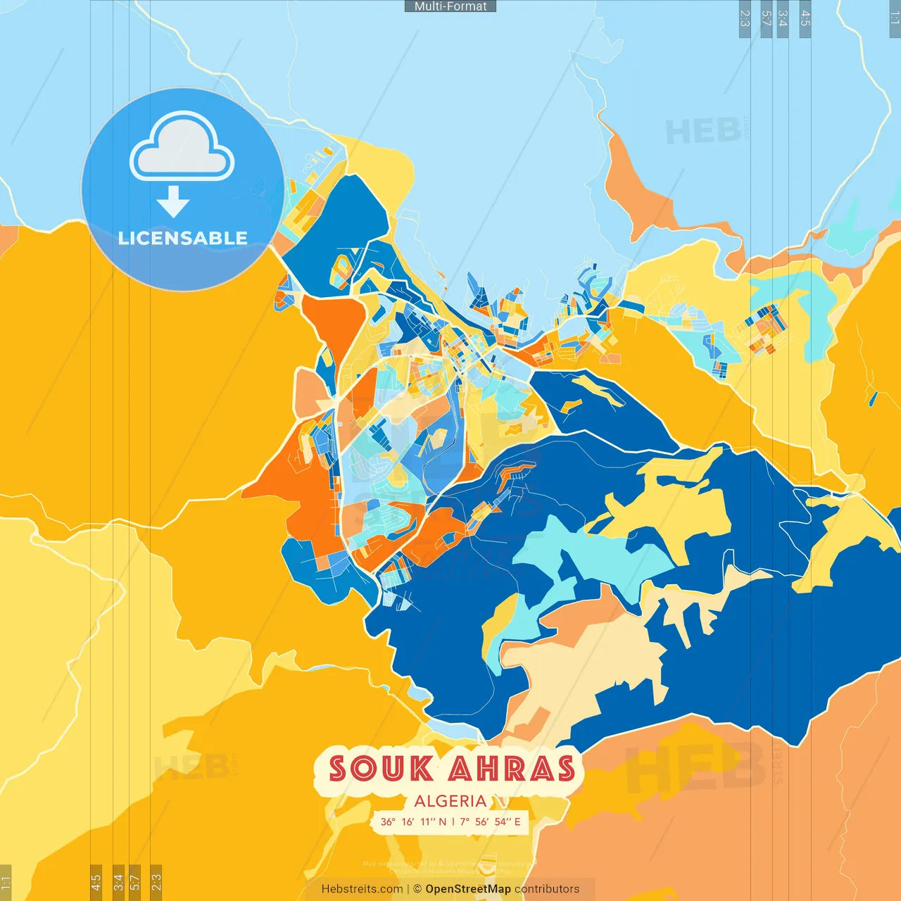 Souk Ahras, Algeria blue and orange vector art map template