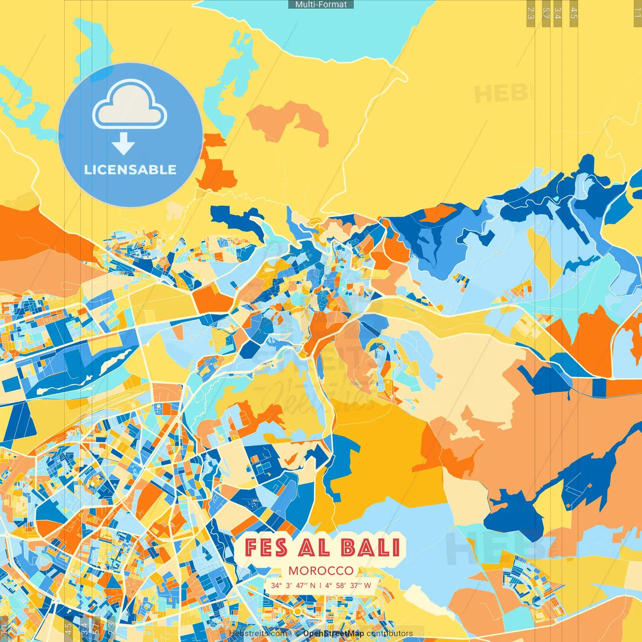Fes al Bali, Morocco blue and orange vector art map template
