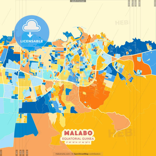 Malabo, Equatorial Guinea blue and orange vector art map template
