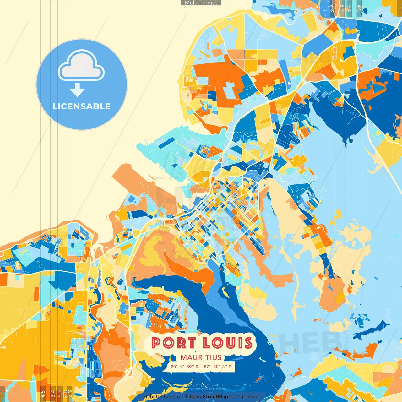 Port Louis, Mauritius blue and orange vector art map template