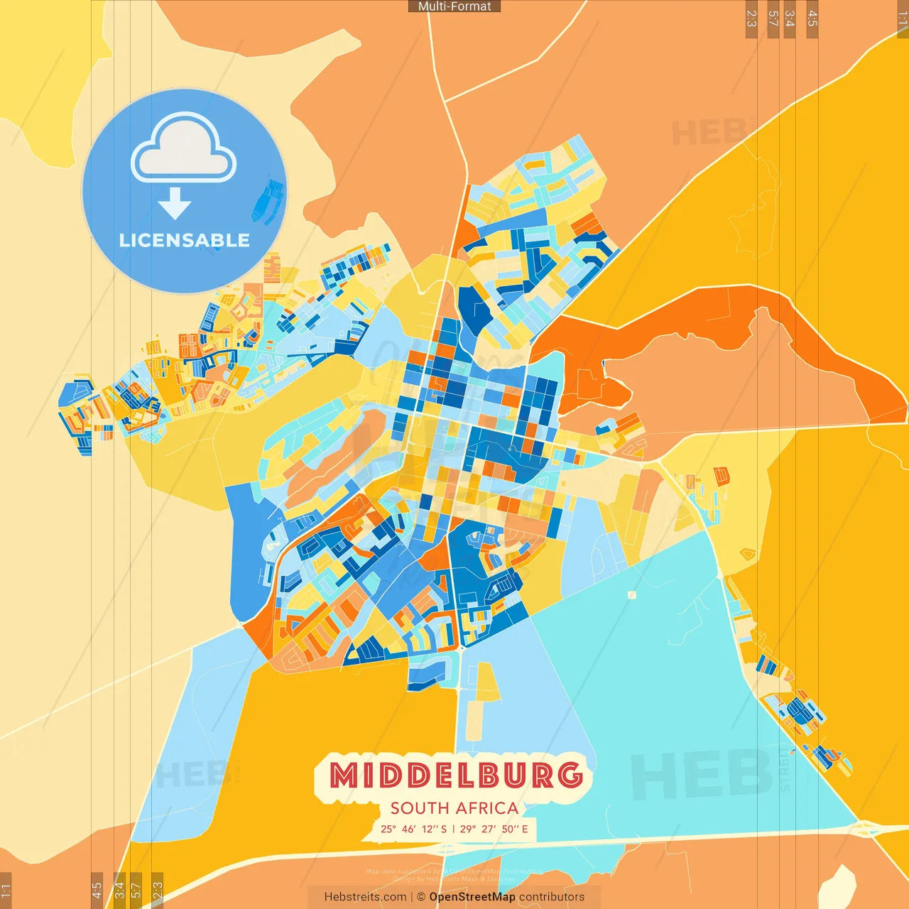 Middelburg, South Africa blue and orange vector art map template