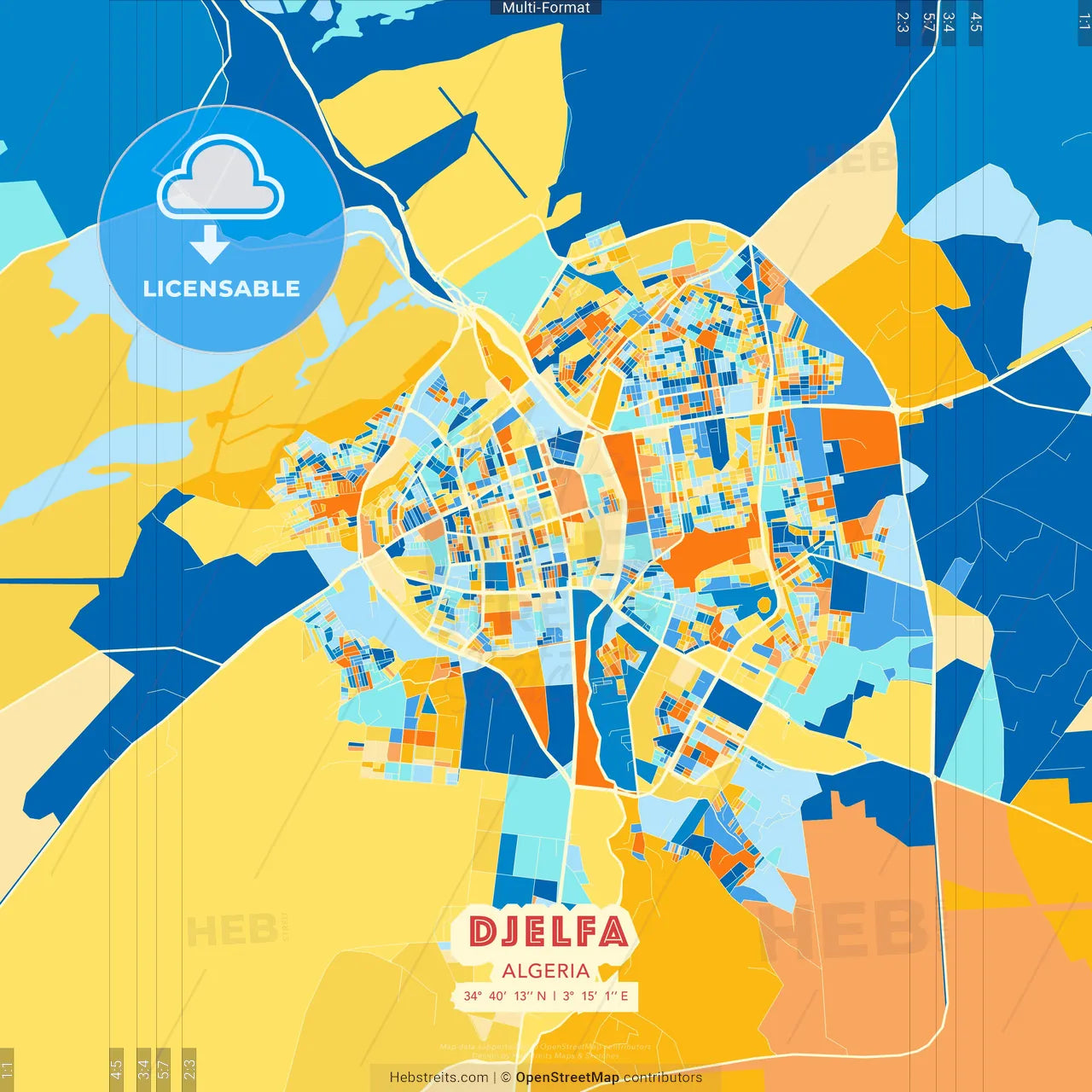 Djelfa, Algeria blue and orange vector art map template