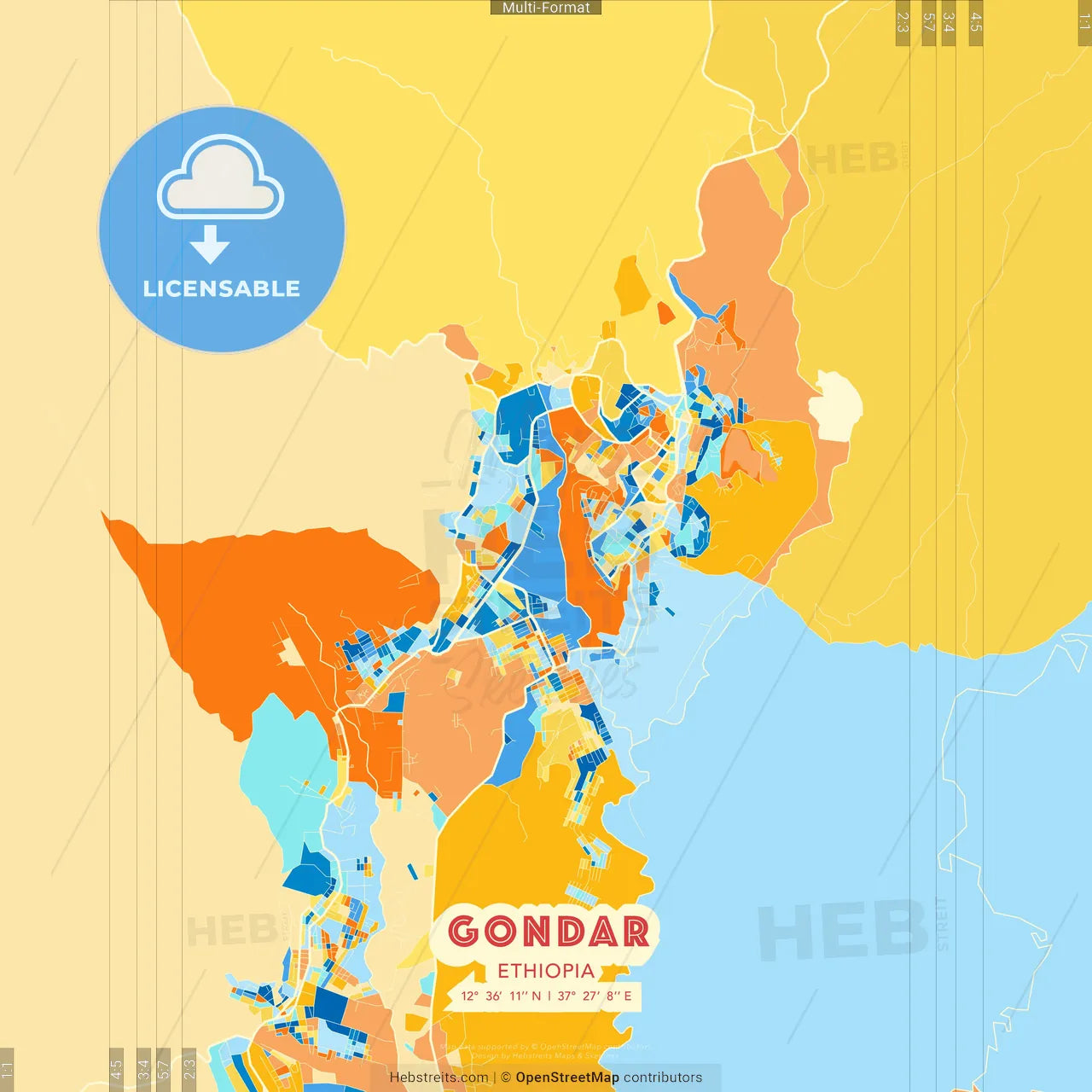 Gondar, Ethiopia blue and orange vector art map template
