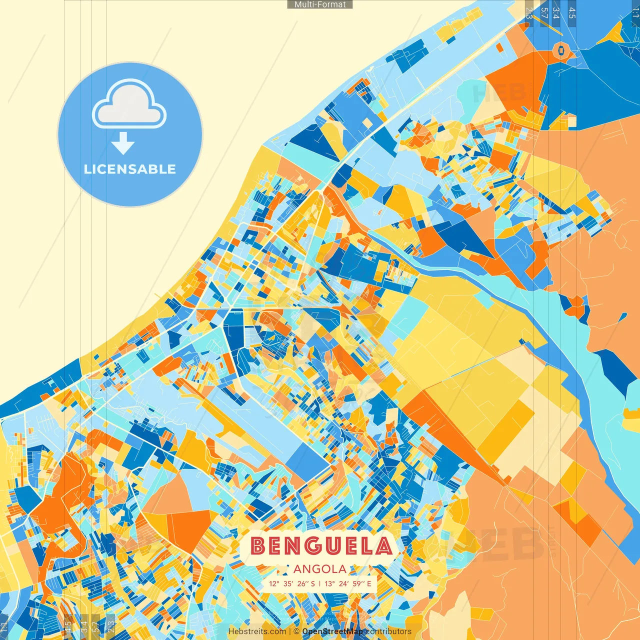 Benguela, Angola blue and orange vector art map template