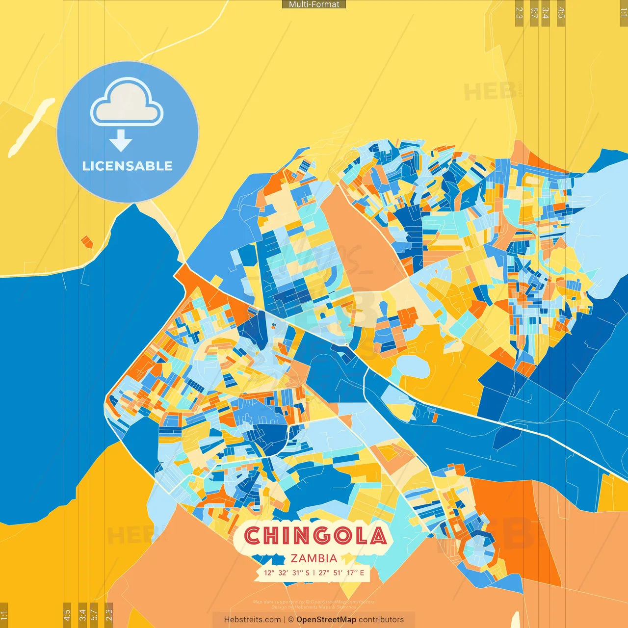 Chingola, Zambia blue and orange vector art map template