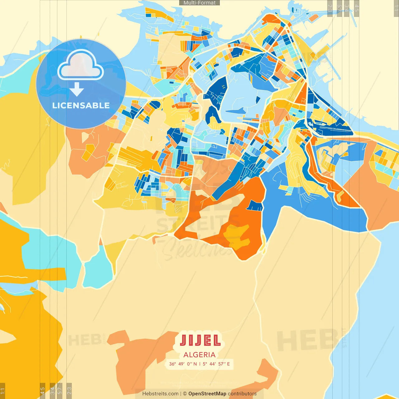 Jijel, Algeria blue and orange vector art map template
